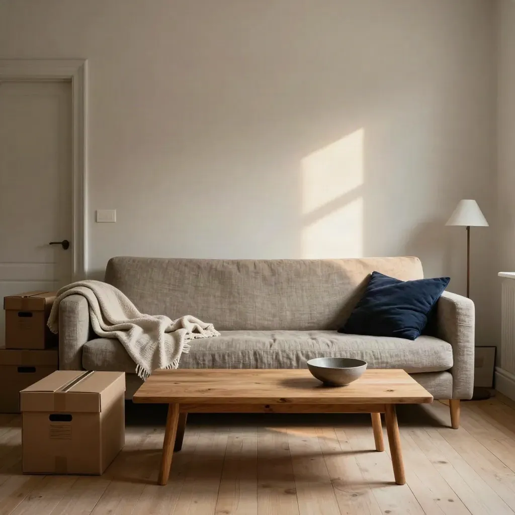 Petit studio trop étroit, canapé compact, cartons fermés et table basse contre un mur nu.