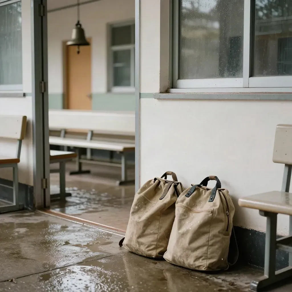 Cour d’école humide, bancs mouillés, porte entrouverte et sacs oubliés après la sonnerie.