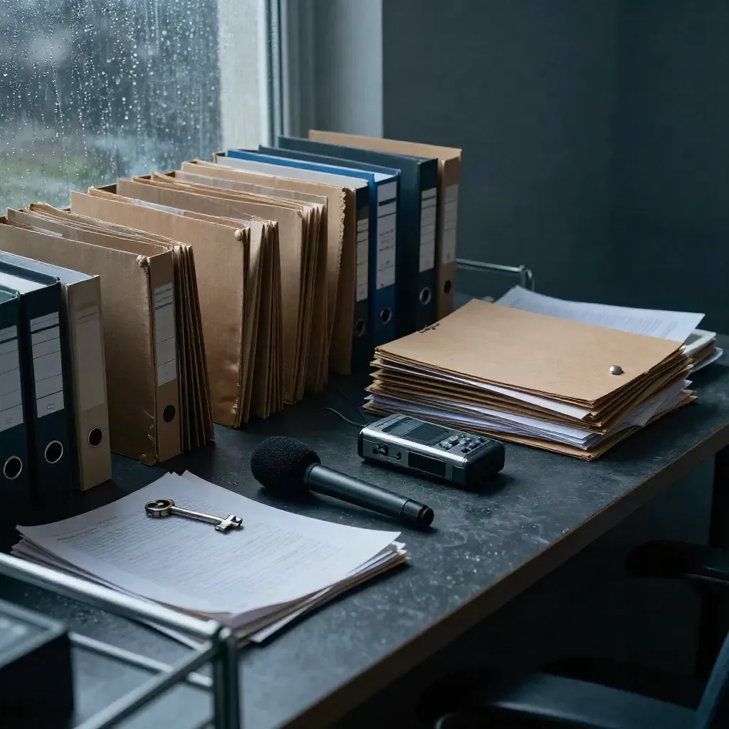 Archives d’enquête, micro noir et enregistreur sur un plan de travail humide à l’aube.