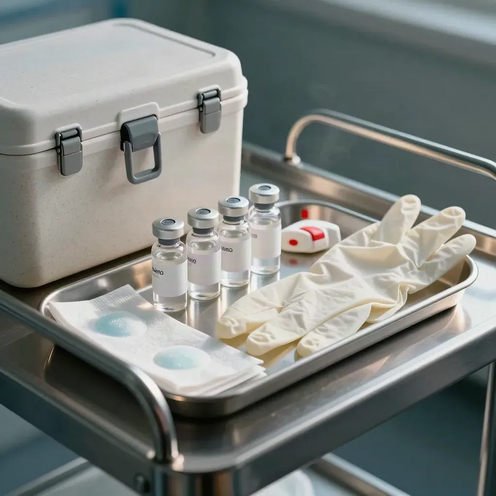 Flacons de vaccin, boîte froide fermée, compresses et gants sur un plateau clinique.