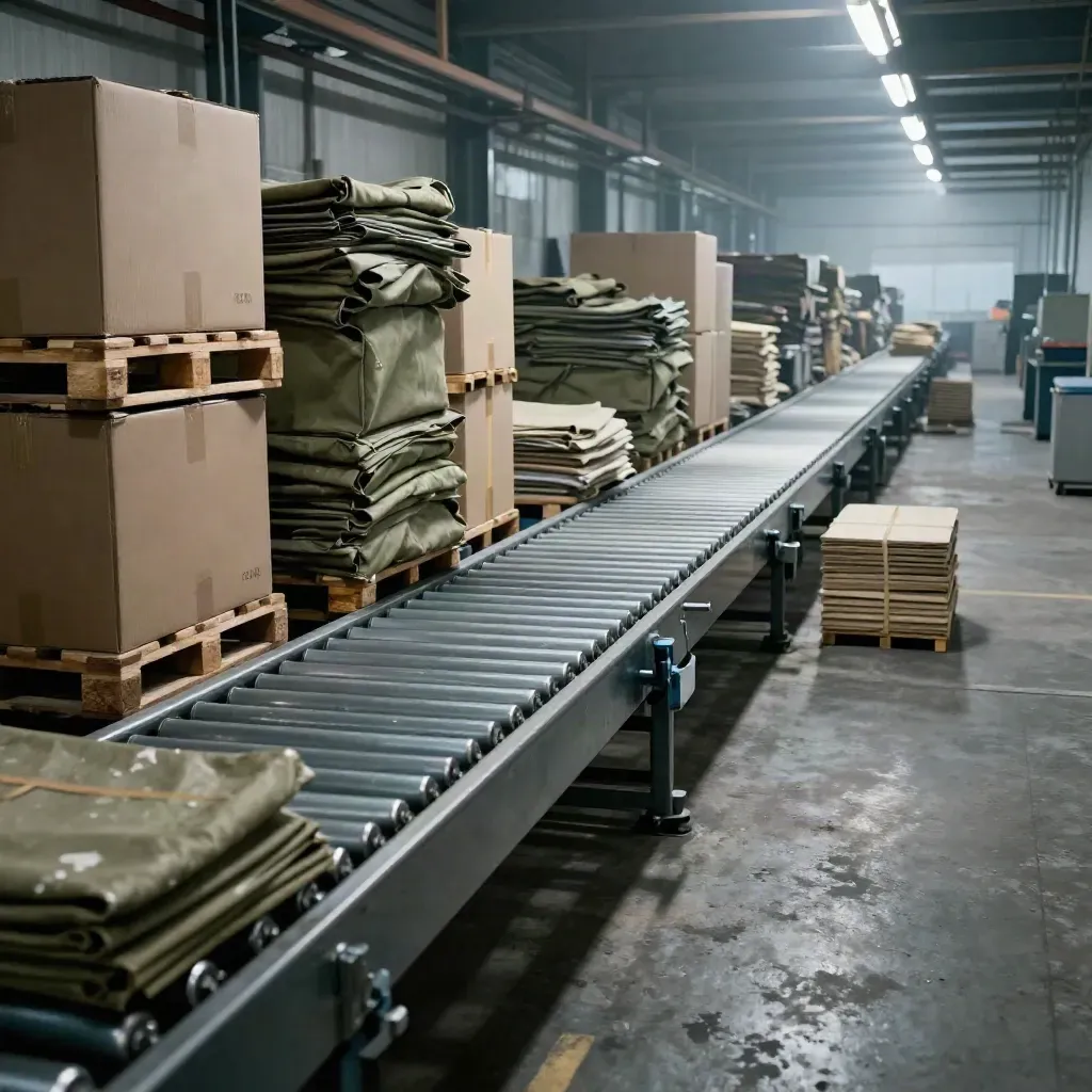 Ligne de production industrielle au repos, palettes, cartons neutres et bâches pliées sous une lumière rasante.