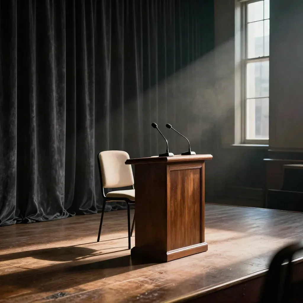 Estrade de débat vide, deux micros, chaise reculée et rideau sombre dans une lumière chaude.