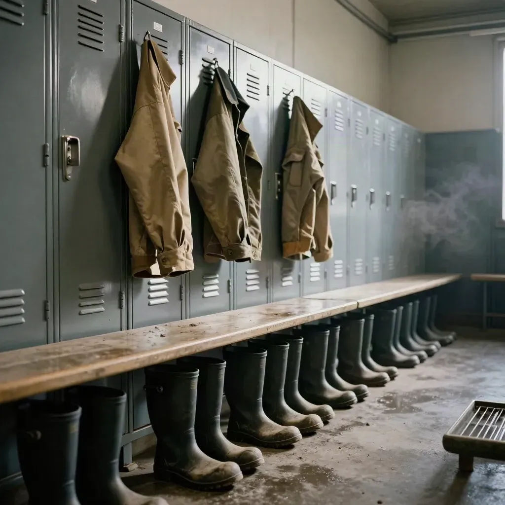 Vestiaire industriel vide, bottes alignées, casiers fermés et vestes suspendues dans une légère vapeur.