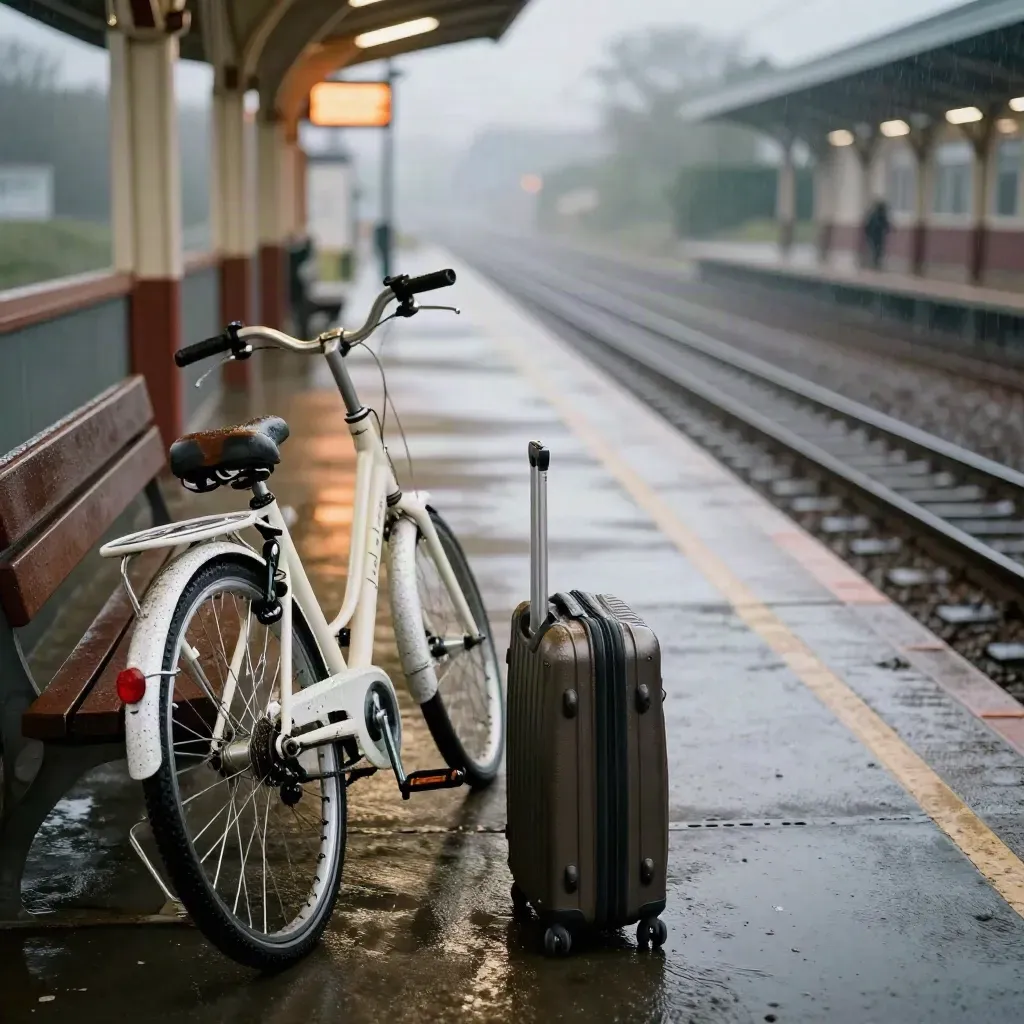 Quai de gare mouillé, vélo blanc, banc et valise sous la pluie au bord des rails.