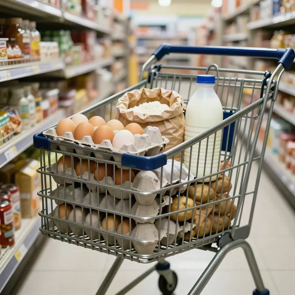 Caddie presque vide dans une allée de supermarché au petit matin, produits de base et lumière douce.