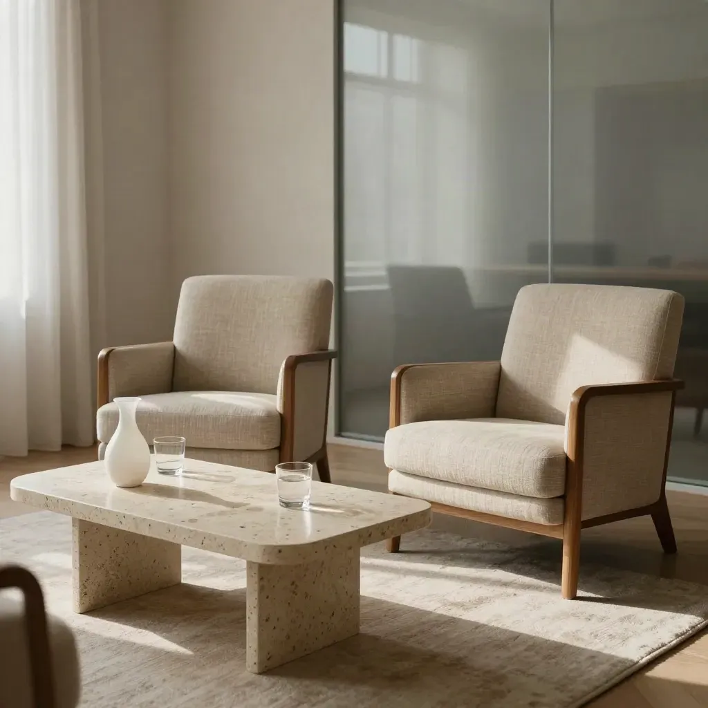 Salon d’entretien vide avec deux fauteuils, table basse claire et lumière douce du matin.