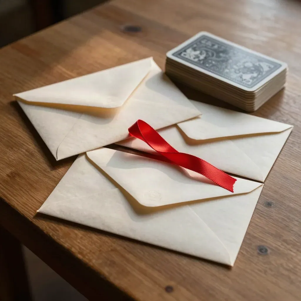 Vue zénithale d’une table de vérification avec enveloppes, cartes retournées et ruban rouge.