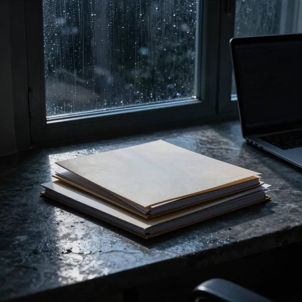 Table éditoriale nocturne, dossiers fermés, ordinateur clos et fenêtre de pluie en arrière-plan.