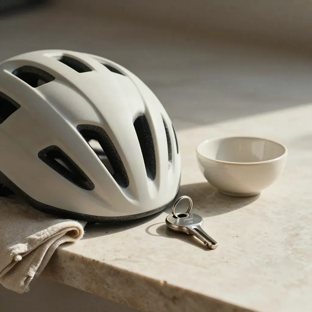 Casque de vélo urbain, clé d’immeuble et bol en céramique sur fond crème.