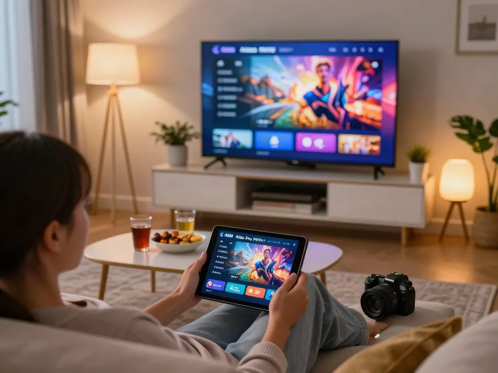 Streaming atlas pro iptv sur une tablette dans un salon moderne et accueillant.